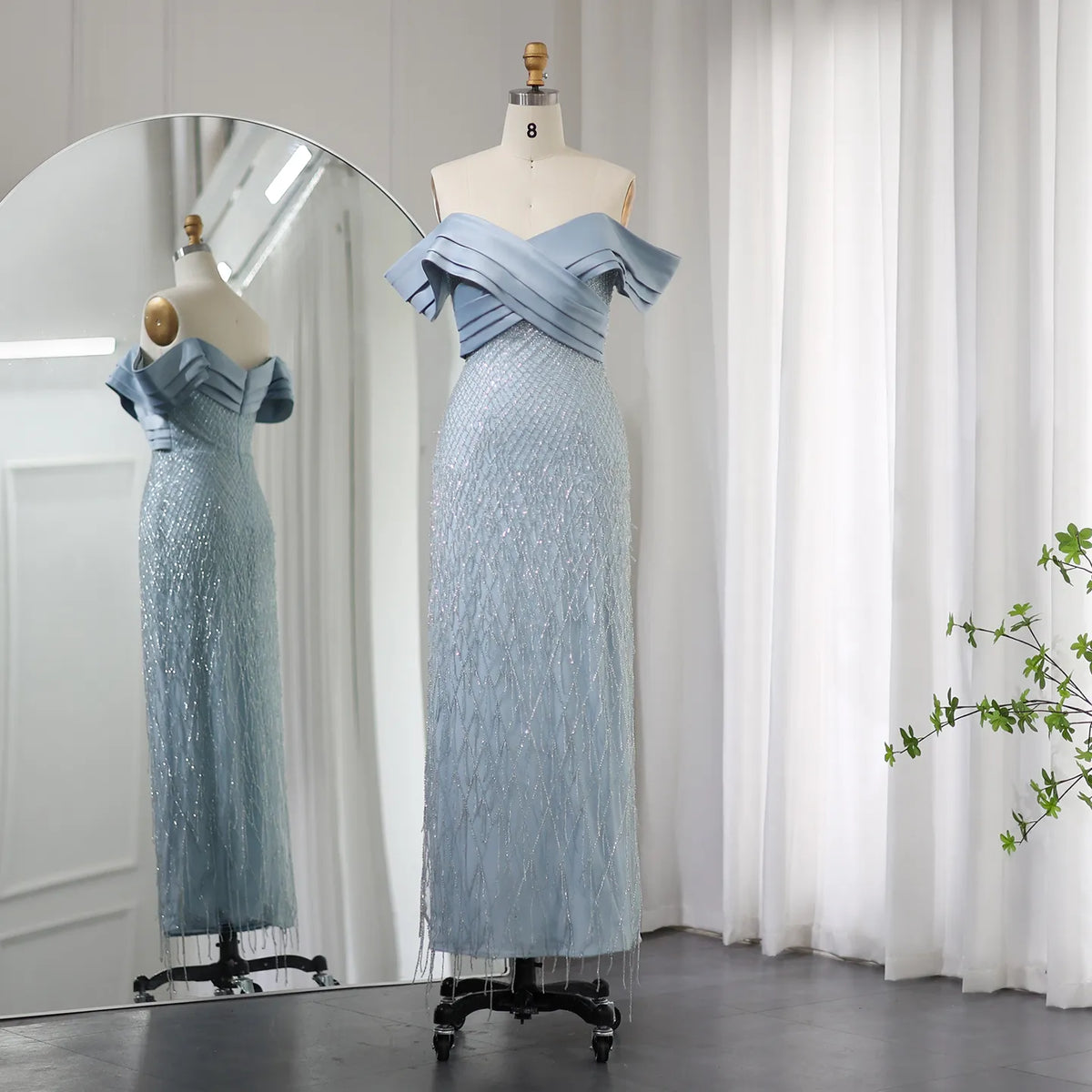 Elegant Off Shoulder Sage Green Tassel Evening Dress SS447