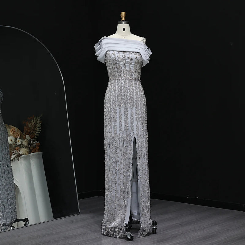Elegant Off Shoulder Silver Evening Dress with Slit SS151