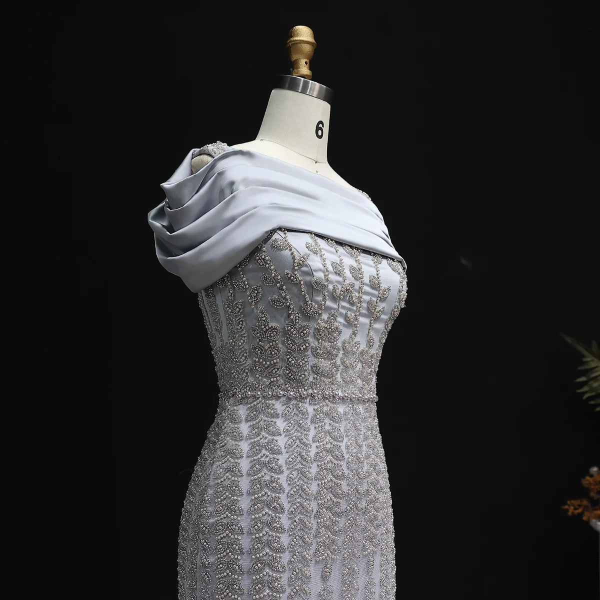 Elegant Off Shoulder Silver Evening Dress with Slit SS151