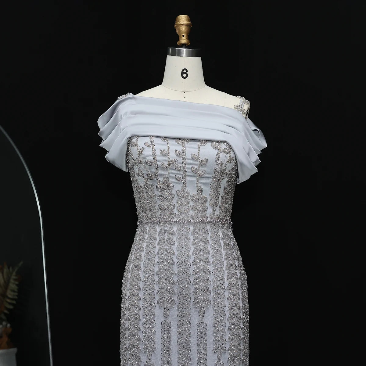 Elegant Off Shoulder Silver Evening Dress with Slit SS151