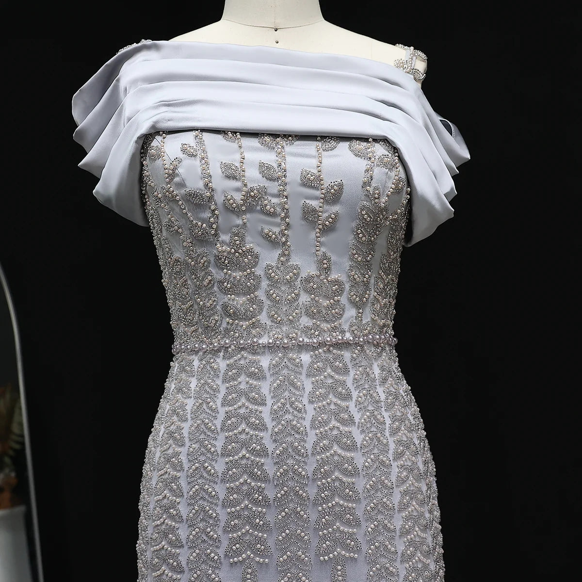Elegant Off Shoulder Silver Evening Dress with Slit SS151