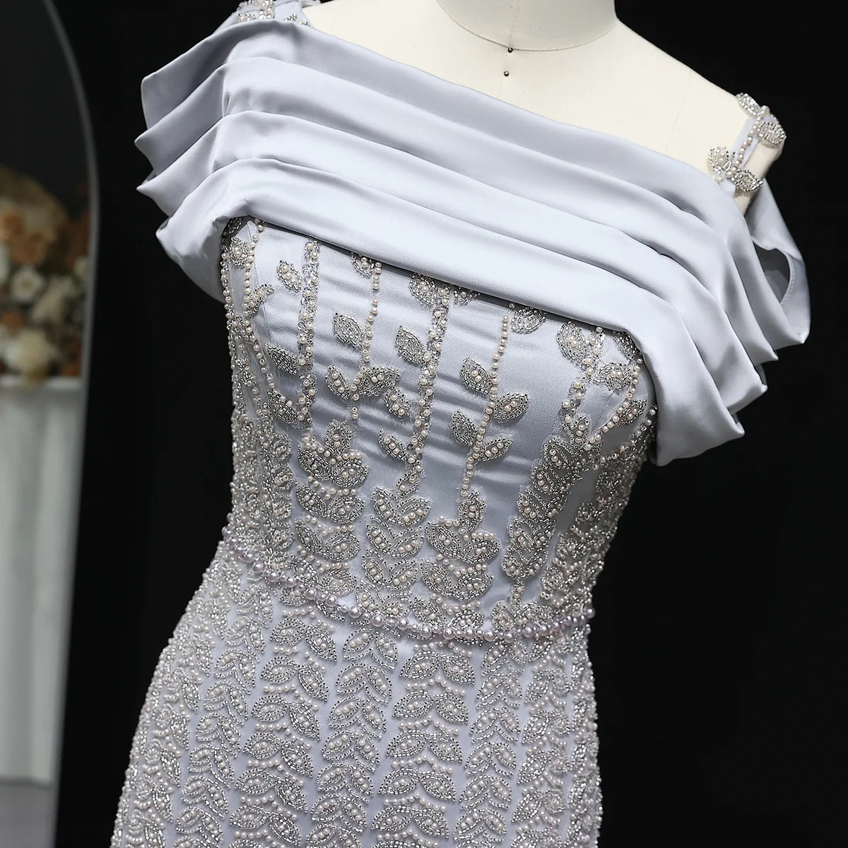 Elegant Off Shoulder Silver Evening Dress with Slit SS151