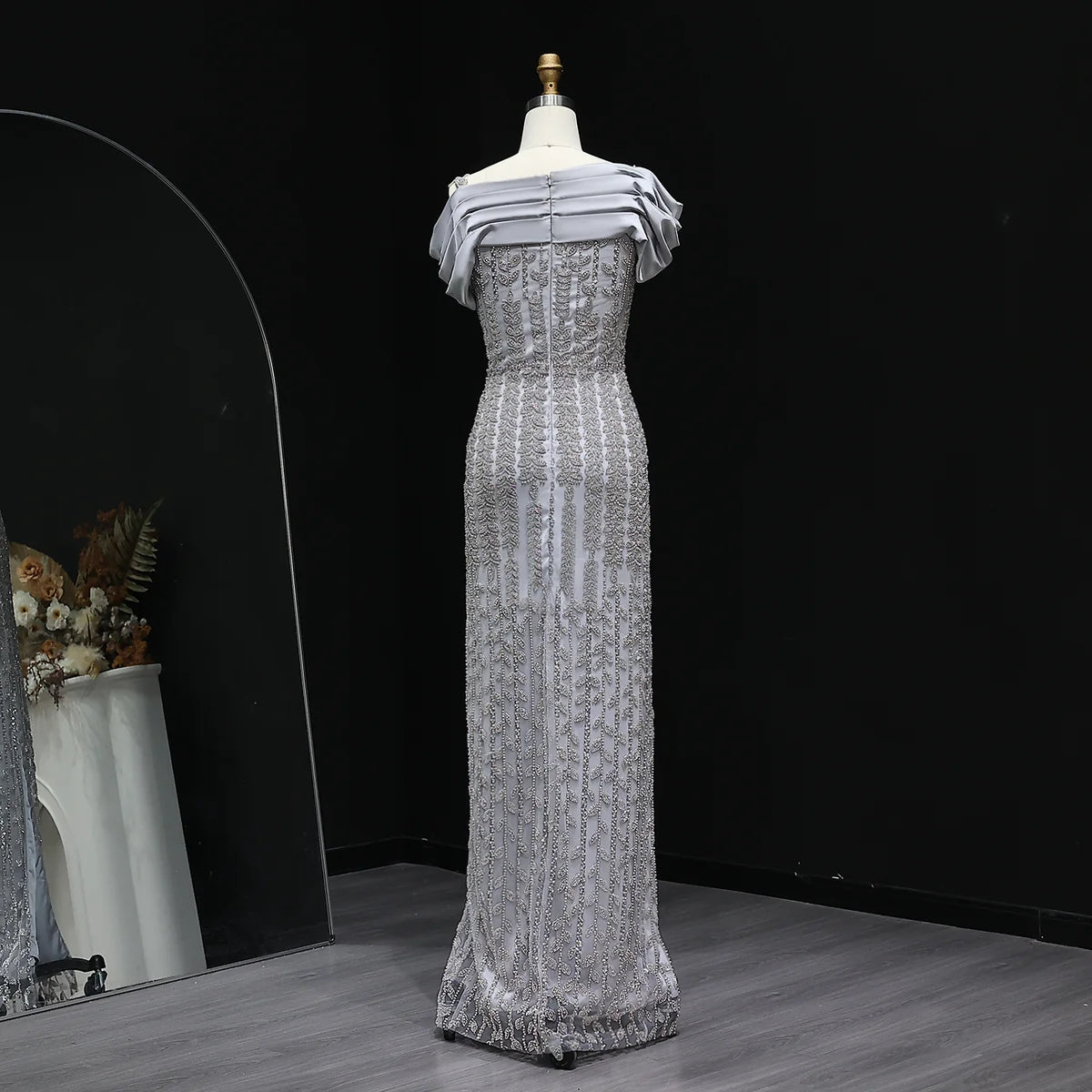 Elegant Off Shoulder Silver Evening Dress with Slit SS151
