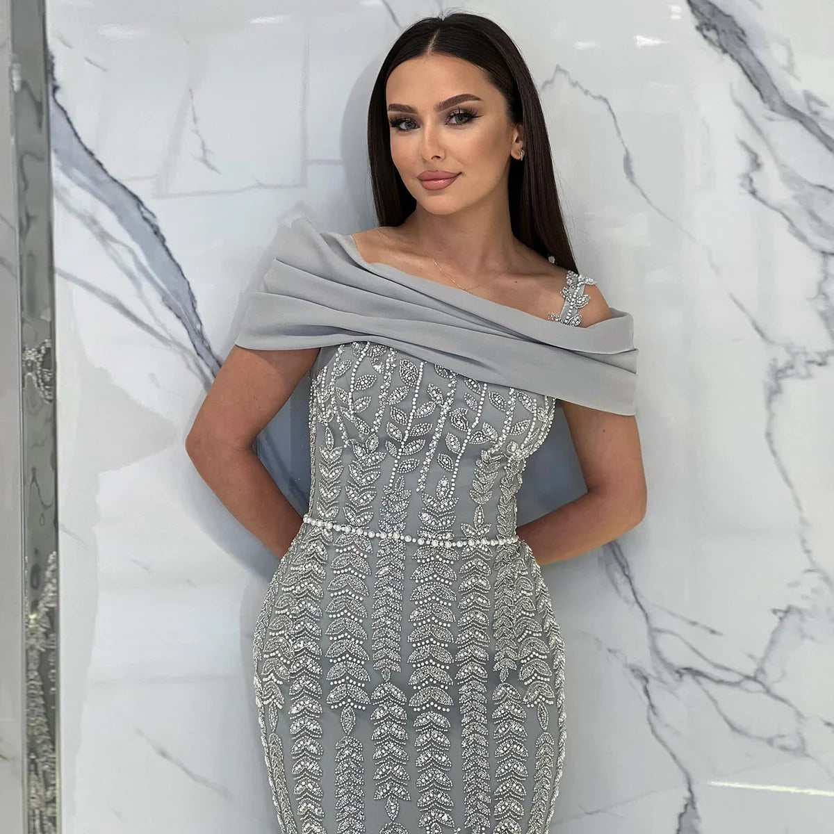 Elegant Off Shoulder Silver Evening Dress with Slit SS151