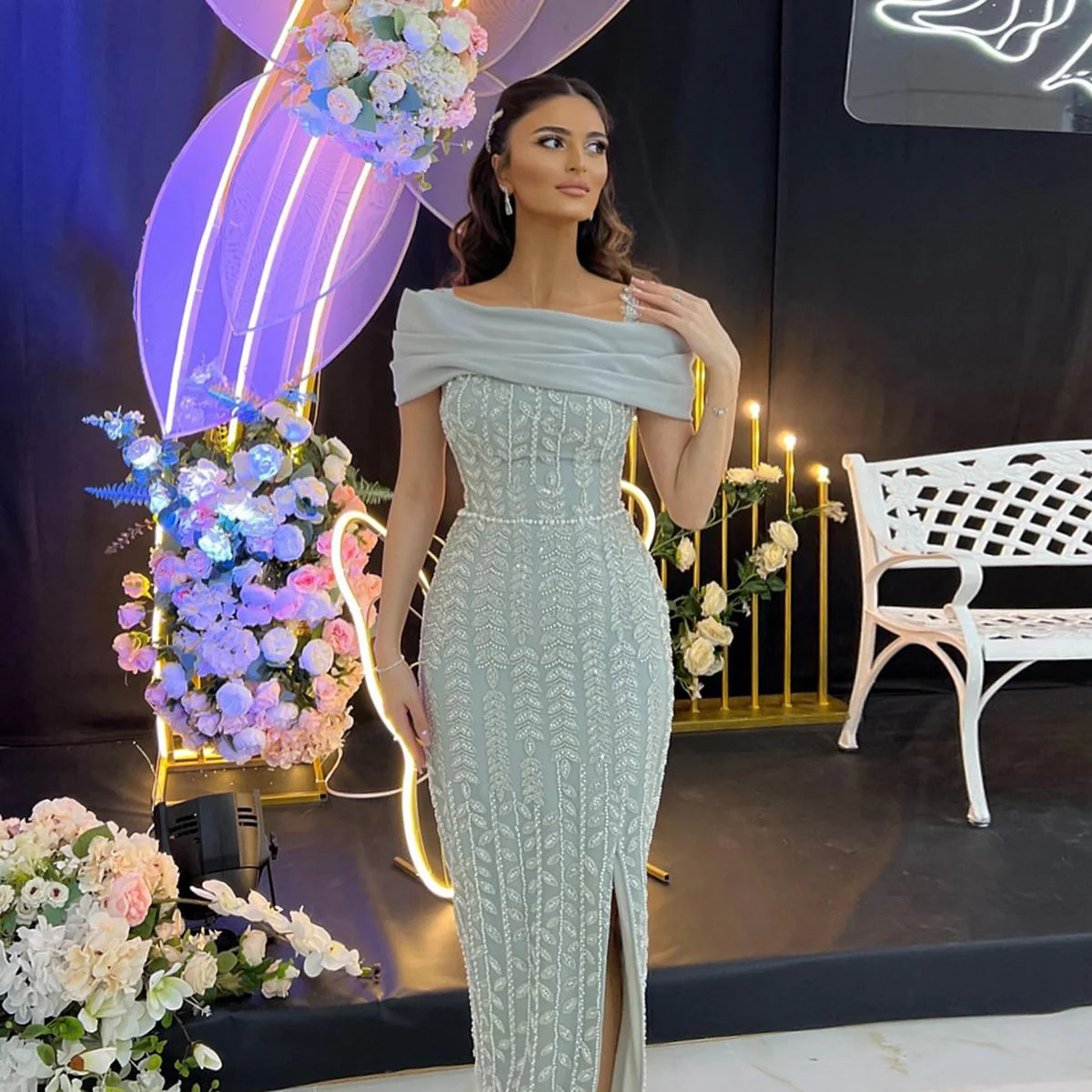 Elegant Off Shoulder Silver Evening Dress with Slit SS151
