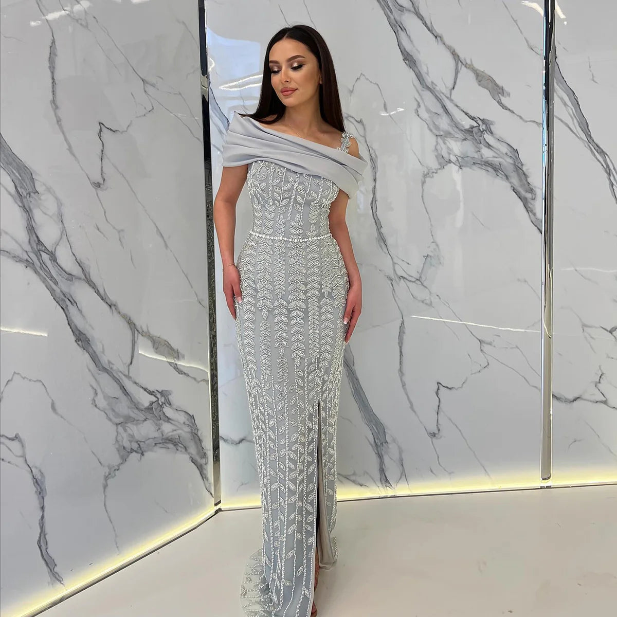 Elegant Off Shoulder Silver Evening Dress with Slit SS151