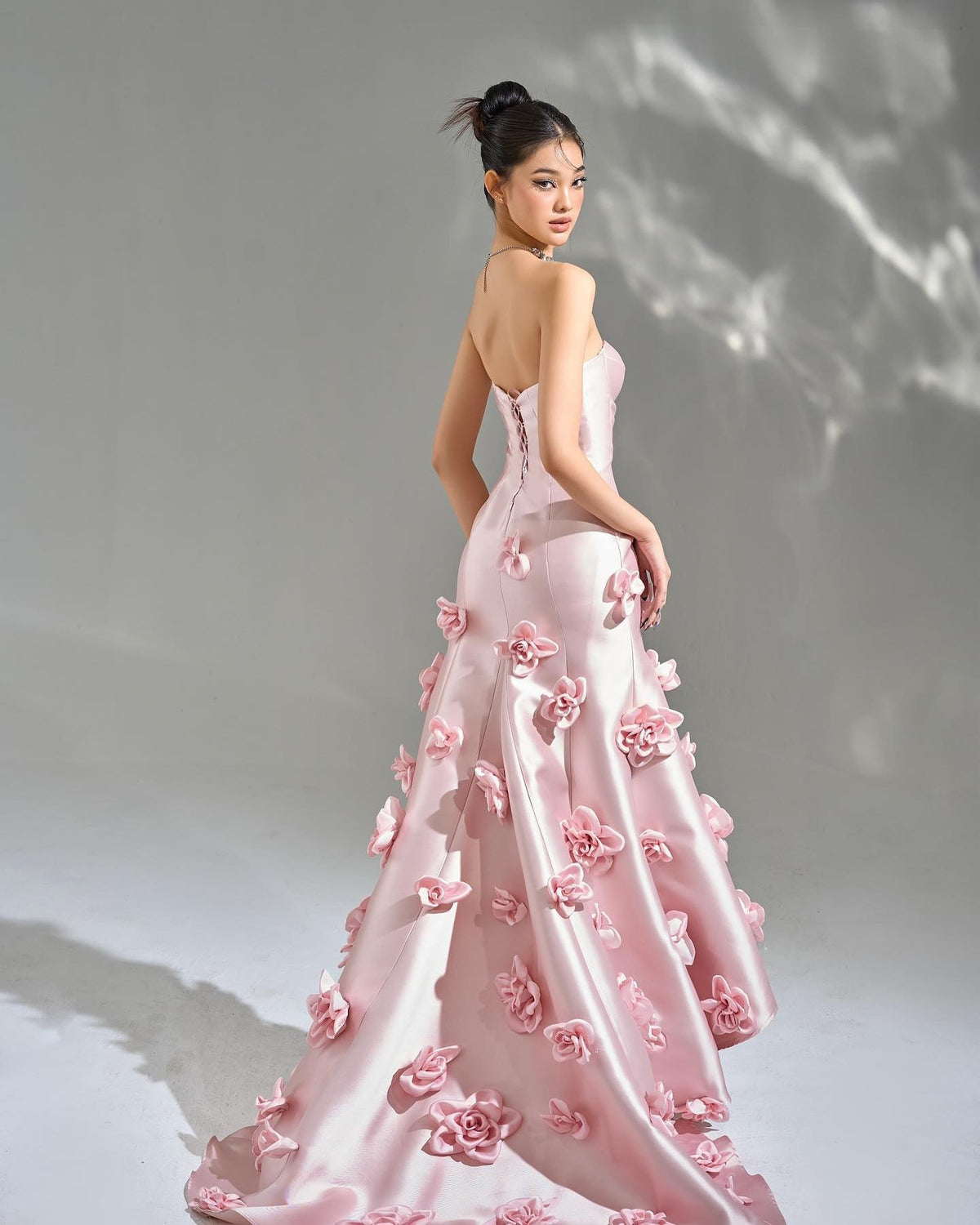 Elegant Pink 3D Flowers Strapless Evening Dress SF025