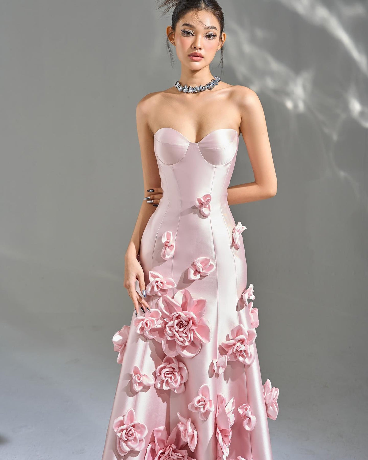 Elegant Pink 3D Flowers Strapless Evening Dress SF025