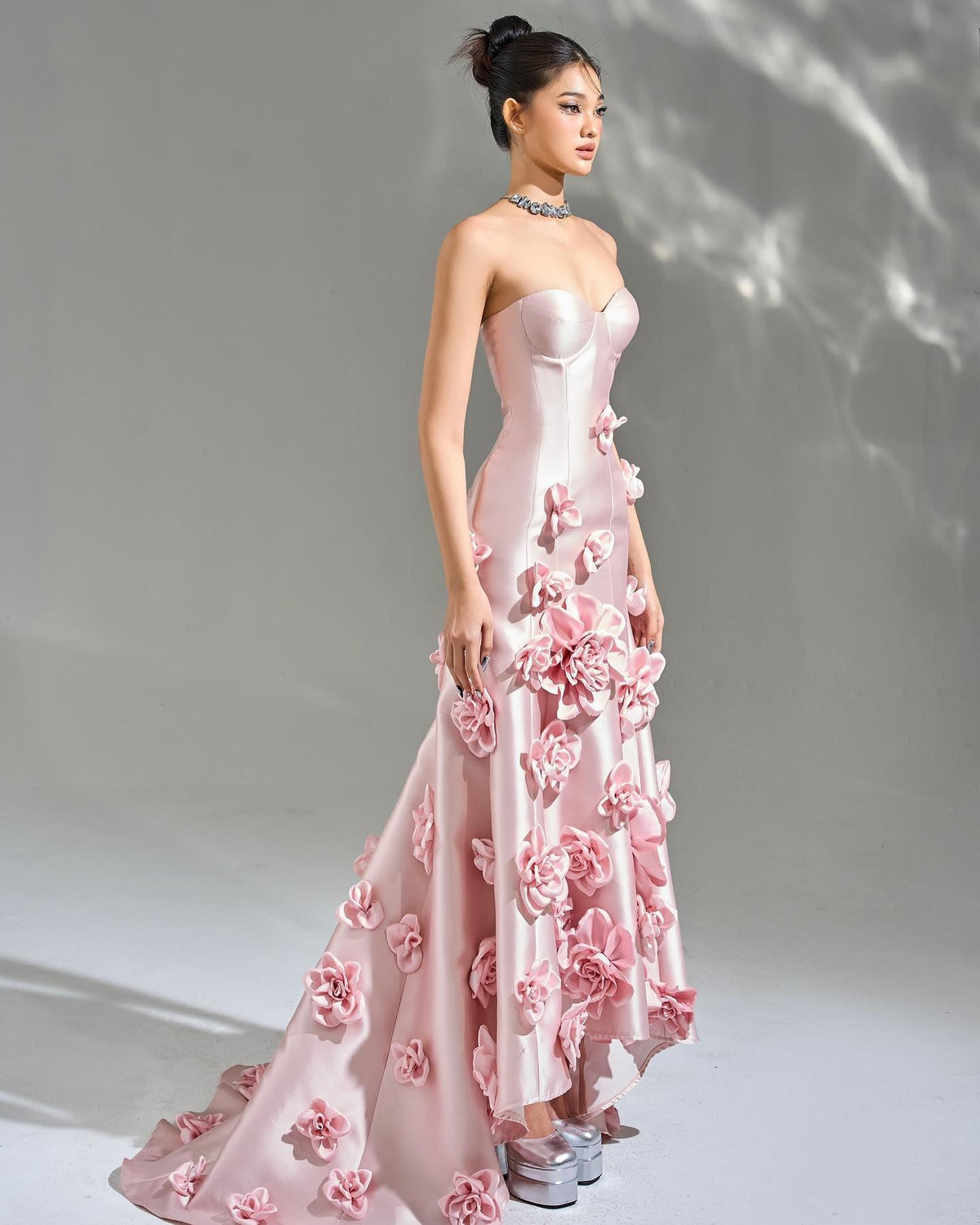 Elegant Pink 3D Flowers Strapless Evening Dress SF025