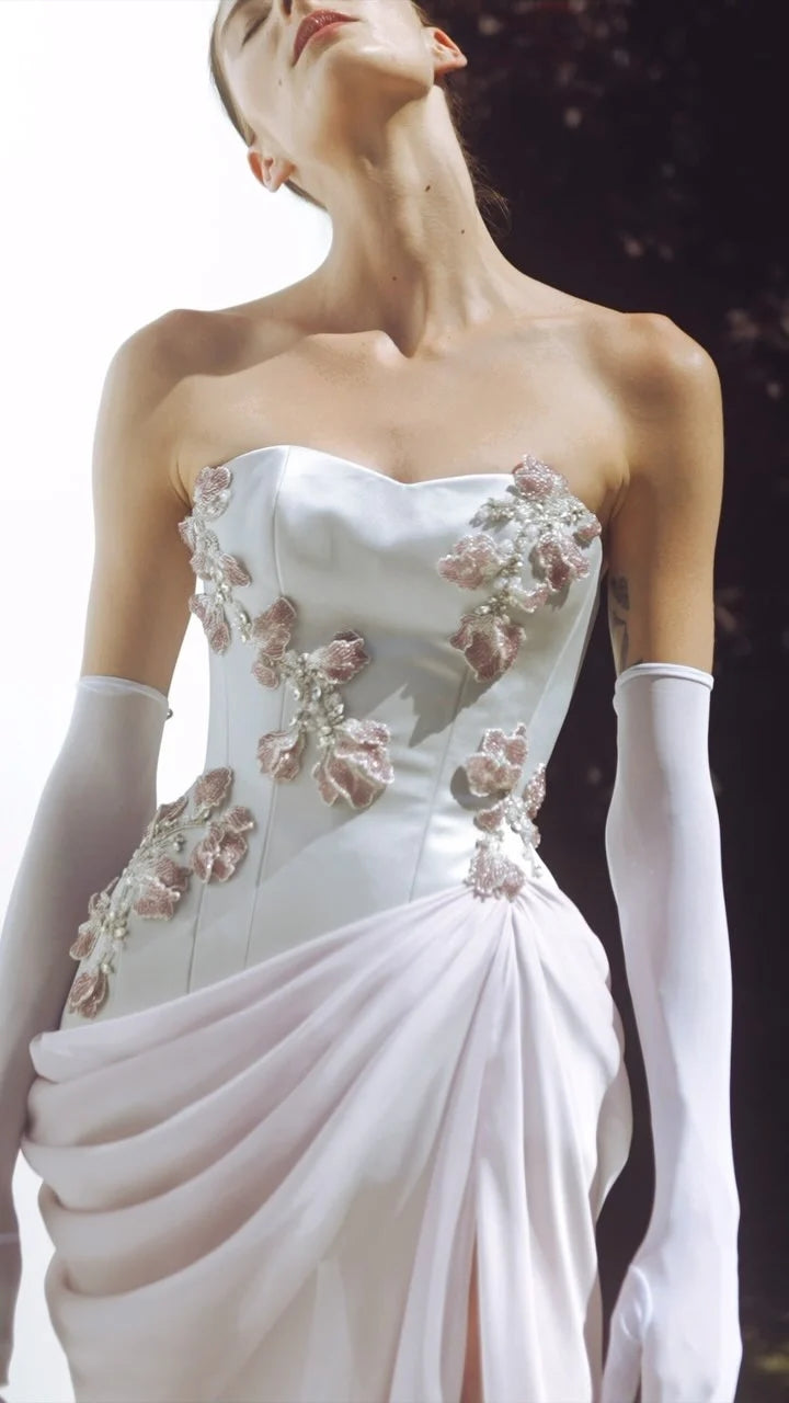 Elegant Pink 3D Flowers Strapless Evening Dresses SF329