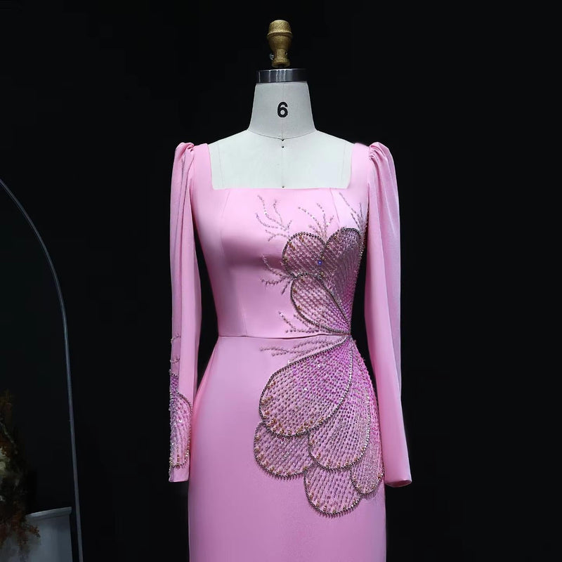 Elegant Pink Beaded Evening Dress with Long Sleeves SS262