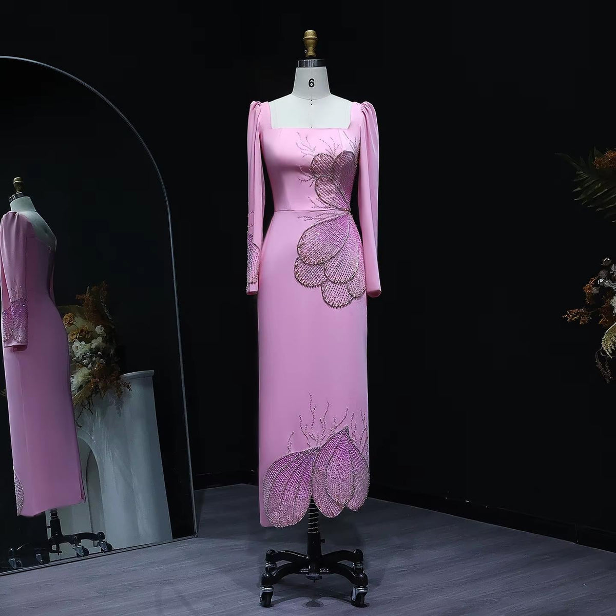 Elegant Pink Beaded Evening Dress with Long Sleeves SS262