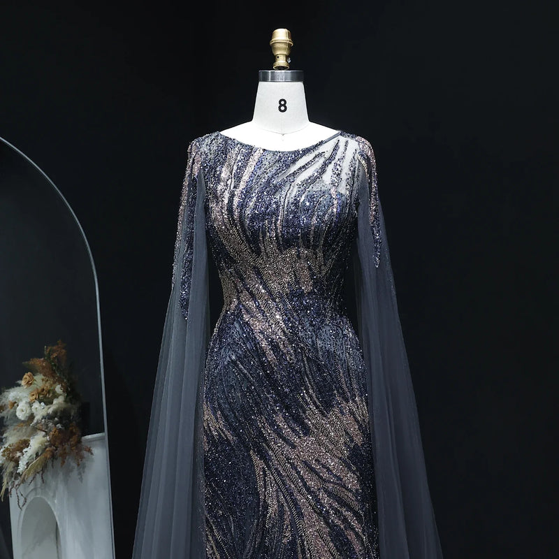 Elegant Purple Arabic Evening Dress with Cape Sleeves SS051