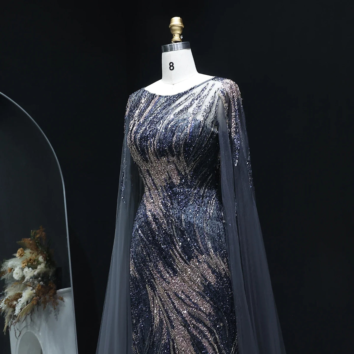 Elegant Purple Arabic Evening Dress with Cape Sleeves SS051