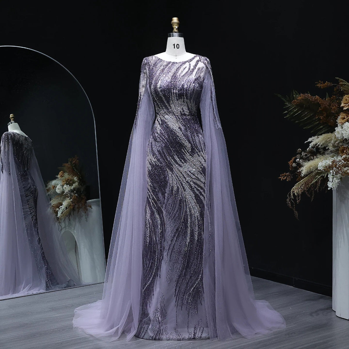 Elegant Purple Arabic Evening Dress with Cape Sleeves SS051