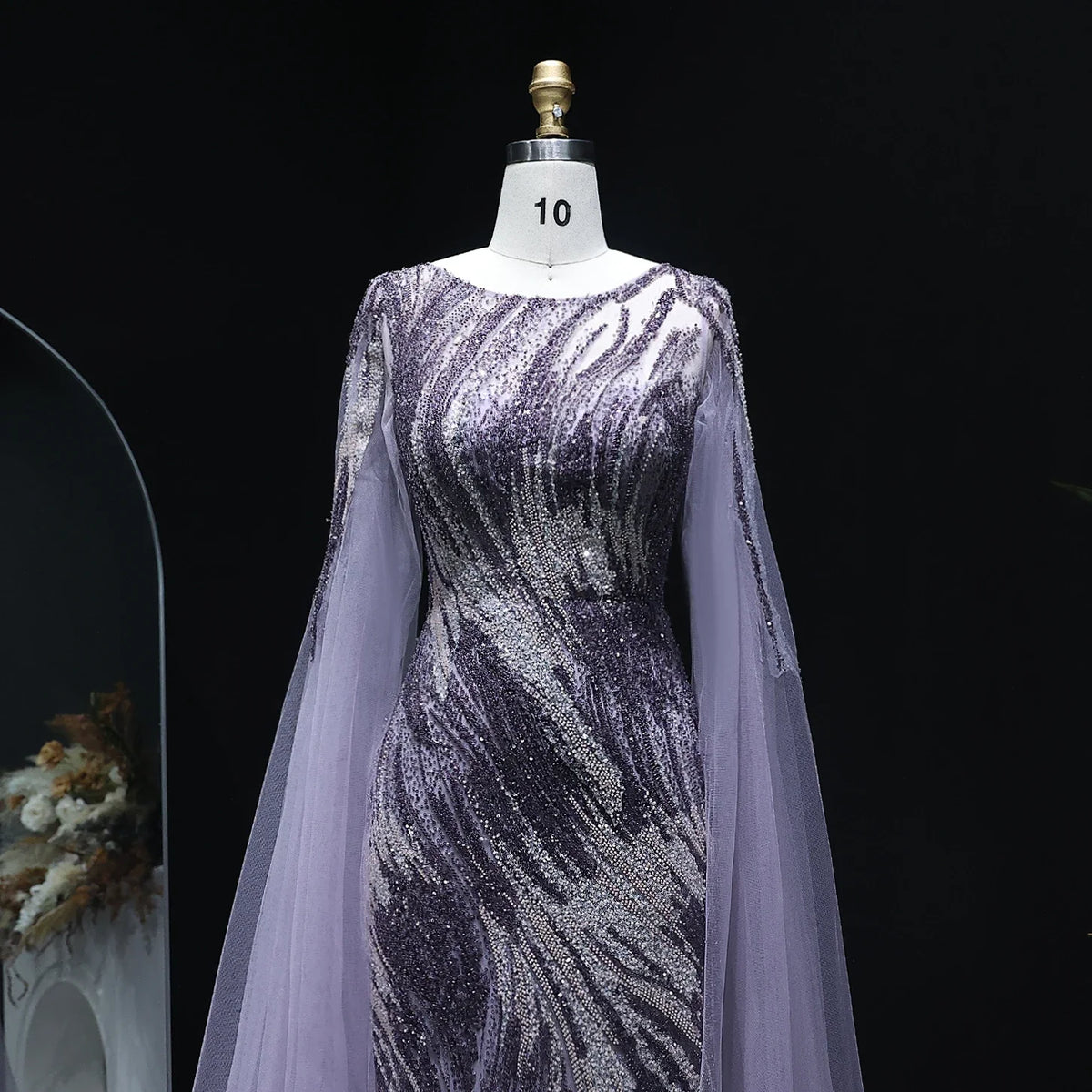 Elegant Purple Arabic Evening Dress with Cape Sleeves SS051