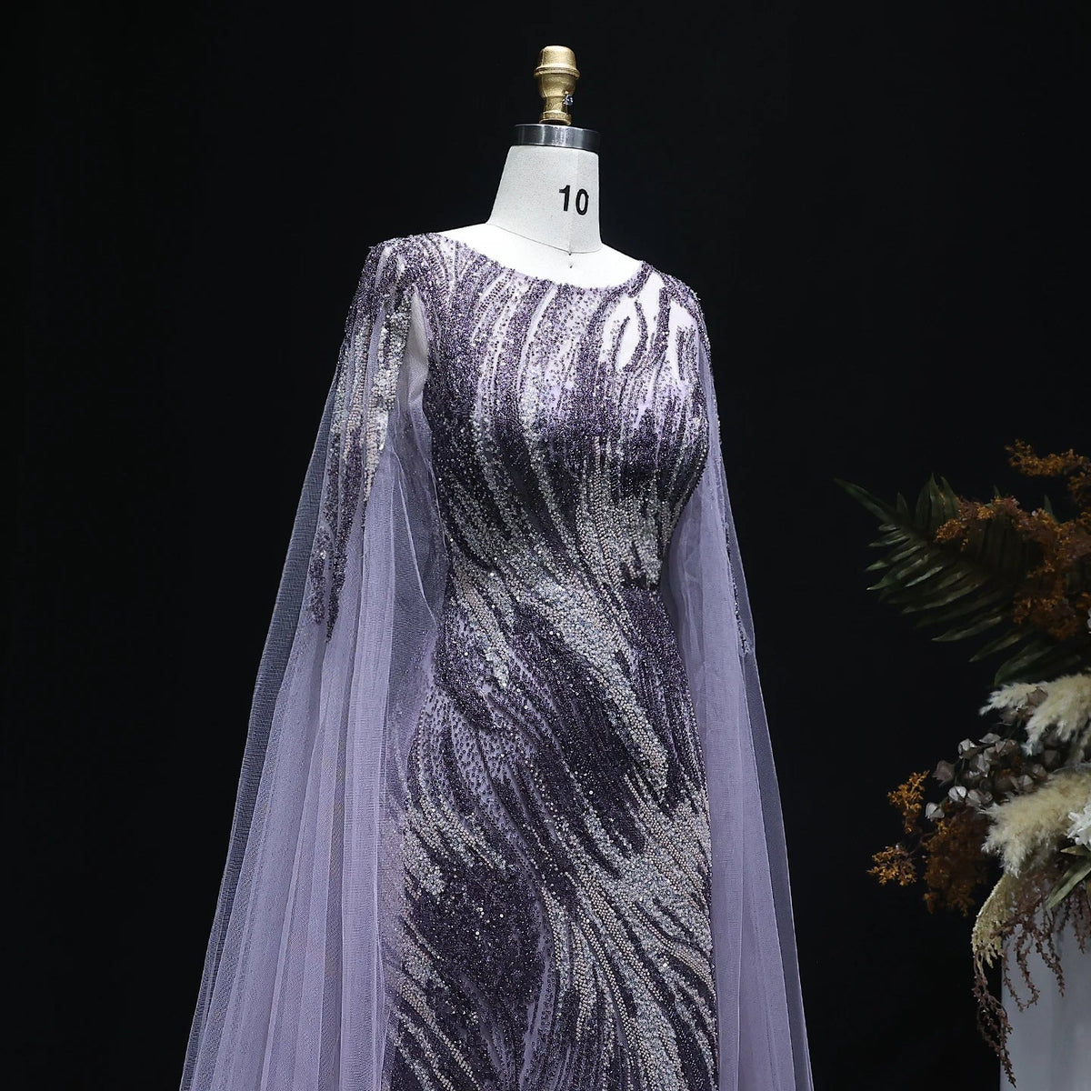 Elegant Purple Arabic Evening Dress with Cape Sleeves SS051