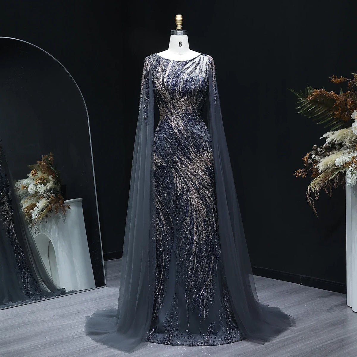 Elegant Purple Arabic Evening Dress with Cape Sleeves SS051