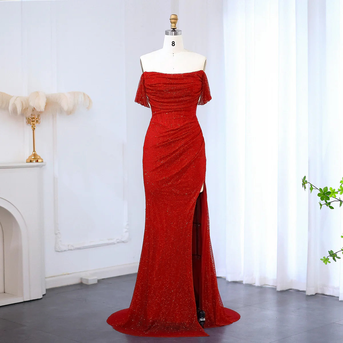 Elegant Red Off Shoulder Evening Dress with Side Slit SF163