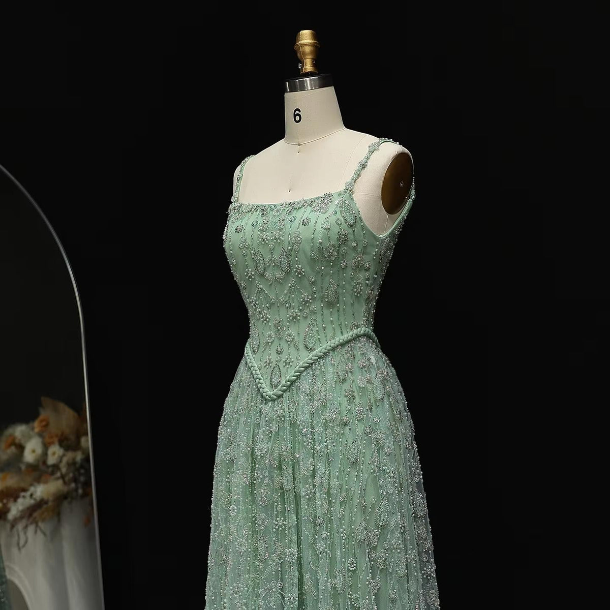 Elegant Sage Green Luxury Evening Dress with Spaghetti Straps SS123
