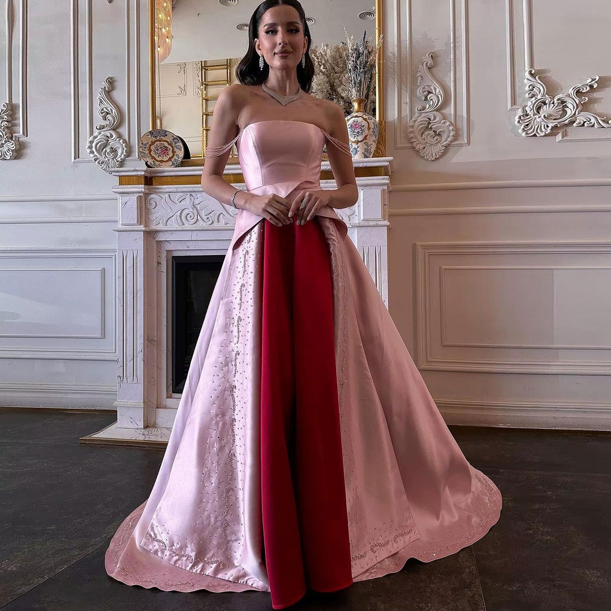 Elegant Strapless Pink and Red Two-Tone Evening Dress SS244