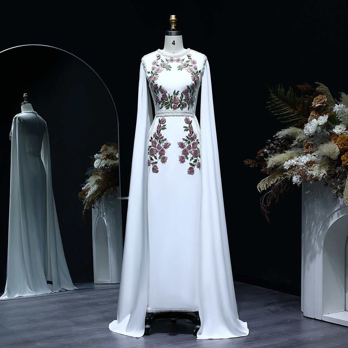Embroidered Beaded Black Evening Dress with Cape Sleeves SS487