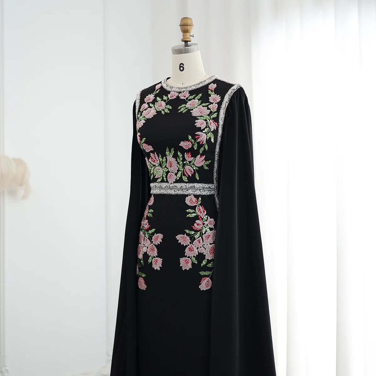 Embroidered Beaded Black Evening Dress with Cape Sleeves SS487