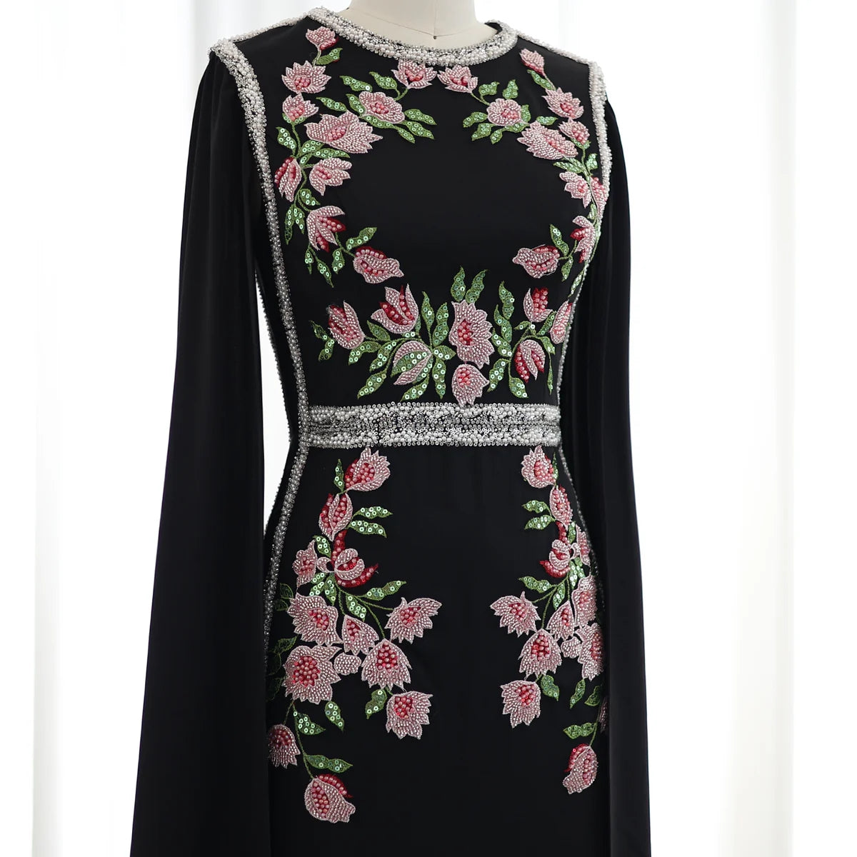 Embroidered Beaded Black Evening Dress with Cape Sleeves SS487