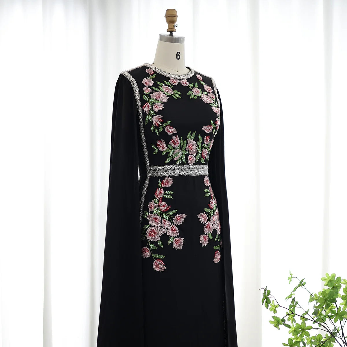Embroidered Beaded Black Evening Dress with Cape Sleeves SS487