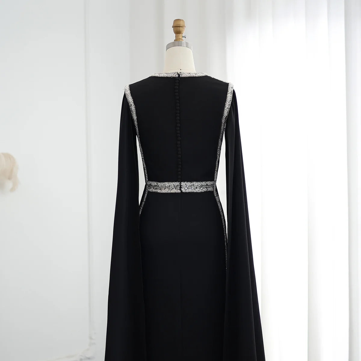 Embroidered Beaded Black Evening Dress with Cape Sleeves SS487