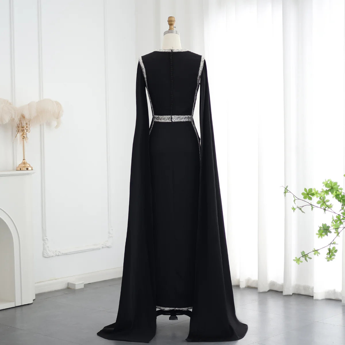 Embroidered Beaded Black Evening Dress with Cape Sleeves SS487