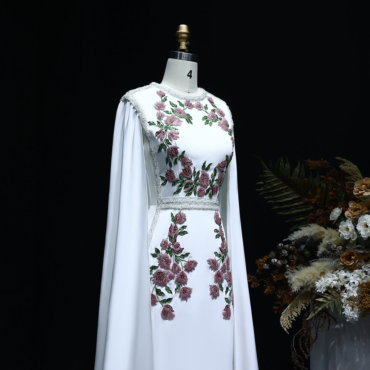 Embroidered Beaded Black Evening Dress with Cape Sleeves SS487