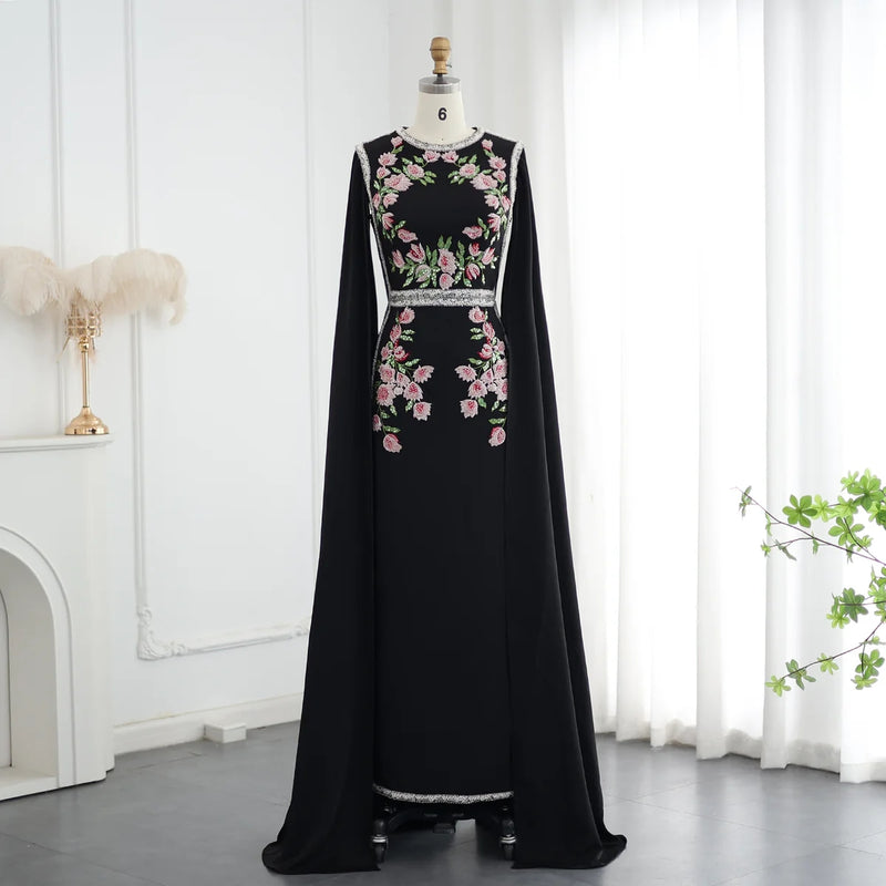 Embroidered Beaded Black Evening Dress with Cape Sleeves SS487