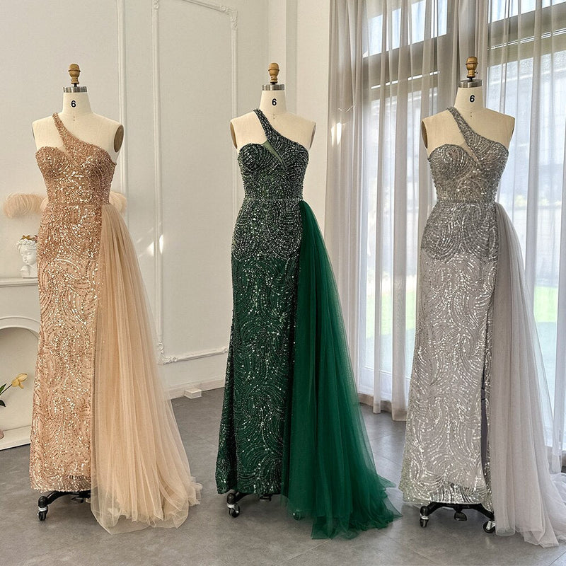 Emerald Green One Shoulder Evening Dresses with OVerskirt Side Slit Luxury Champagne Mermaid Prom Formal Gowns SS102
