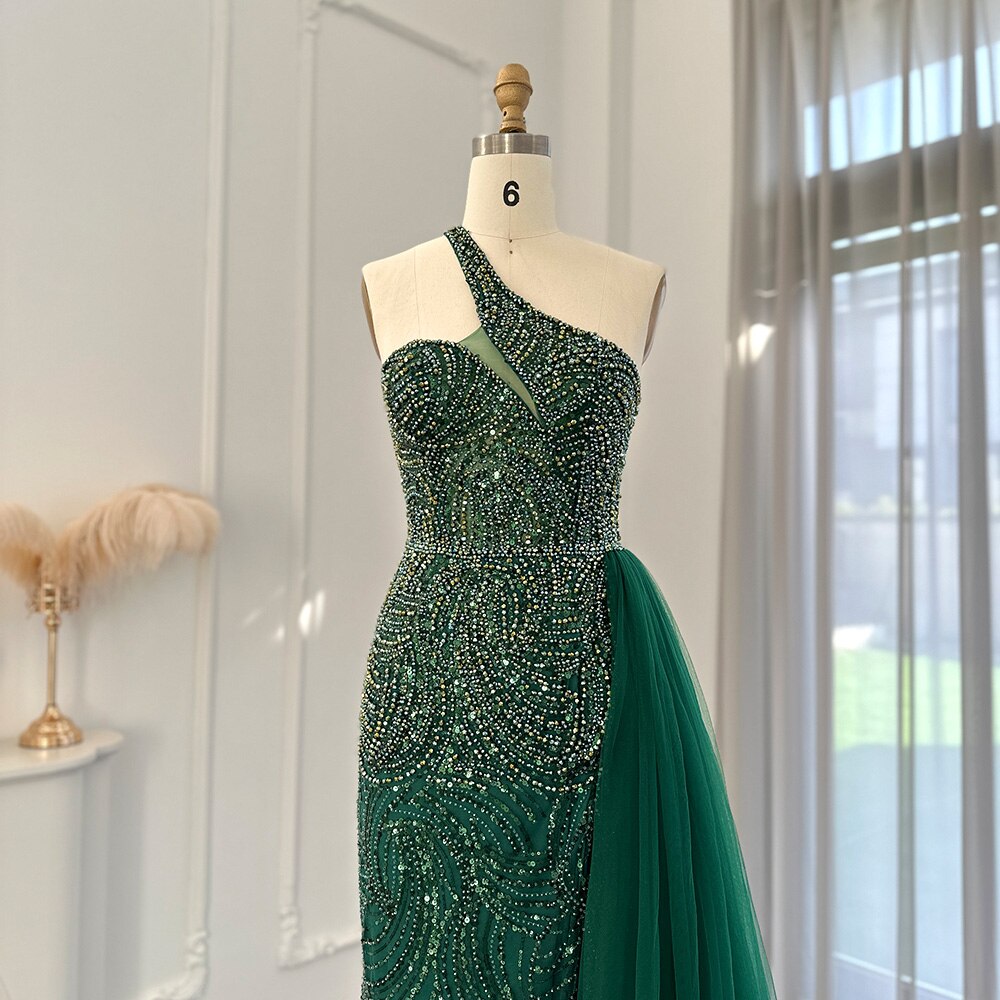 Emerald Green One Shoulder Evening Dresses with OVerskirt Side Slit Luxury Champagne Mermaid Prom Formal Gowns SS102
