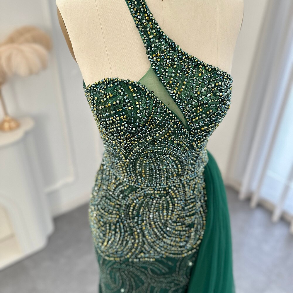 Emerald Green One Shoulder Evening Dresses with OVerskirt Side Slit Luxury Champagne Mermaid Prom Formal Gowns SS102