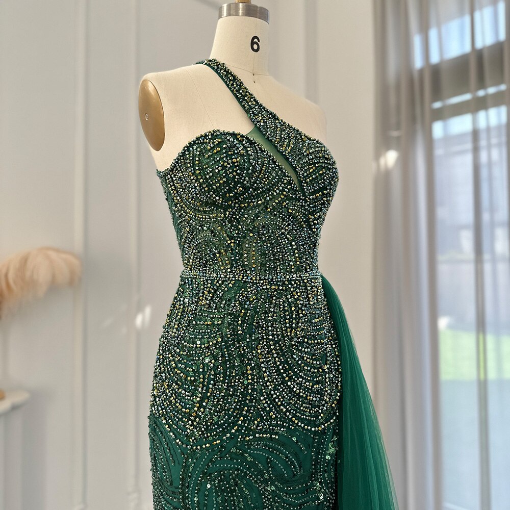 Emerald Green One Shoulder Evening Dresses with OVerskirt Side Slit Luxury Champagne Mermaid Prom Formal Gowns SS102