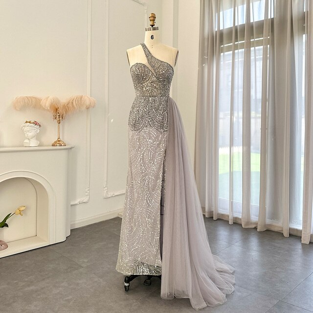 Emerald Green One Shoulder Evening Dresses with OVerskirt Side Slit Luxury Champagne Mermaid Prom Formal Gowns SS102
