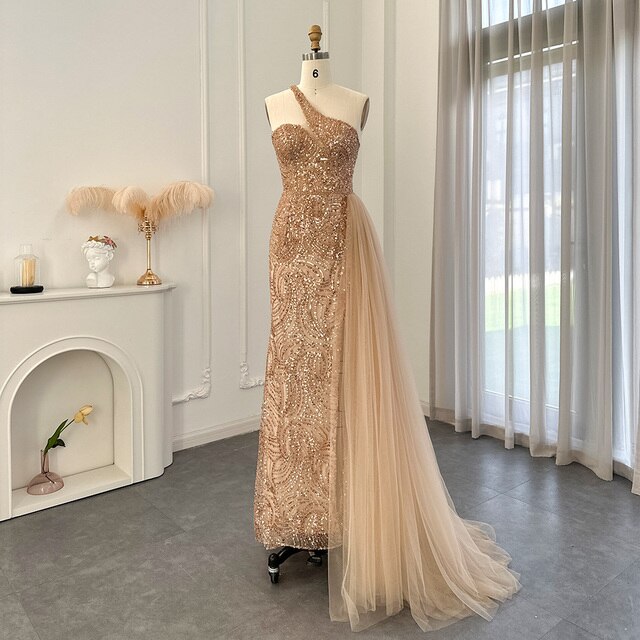Emerald Green One Shoulder Evening Dresses with OVerskirt Side Slit Luxury Champagne Mermaid Prom Formal Gowns SS102