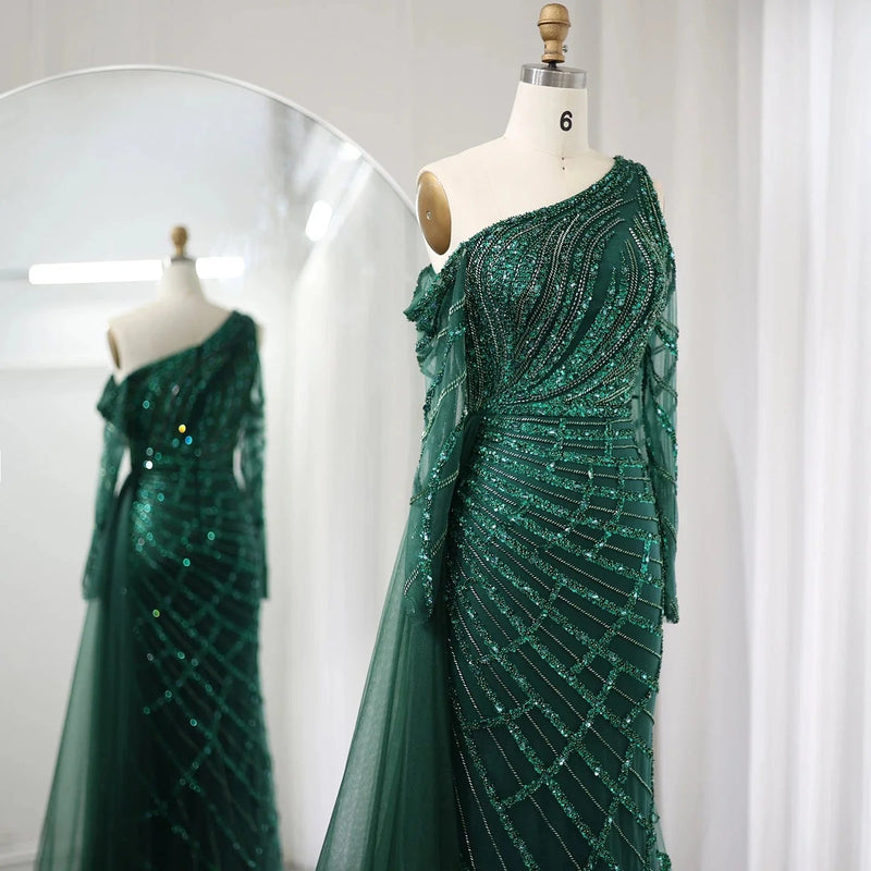 Emerald Green One Shoulder Mermaid Evening Dress with Overskirt Long Sleeves SS413