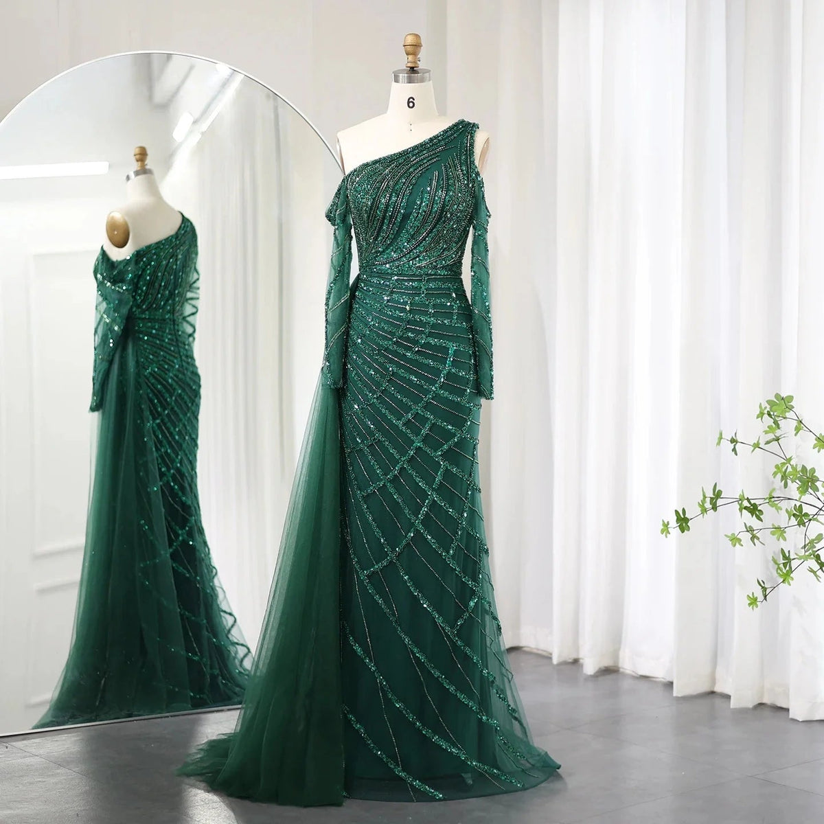 Emerald Green One Shoulder Mermaid Evening Dress with Overskirt Long Sleeves SS413