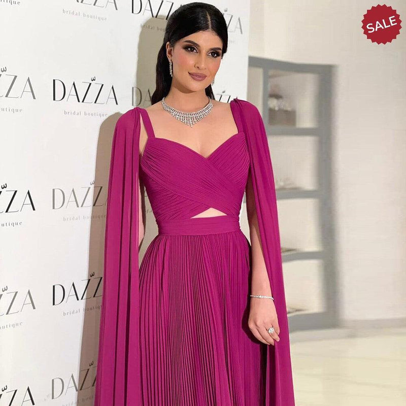 Fuchsia Evening Dresses with Cape Sleeves Yellow Wedding Party Gowns SF090