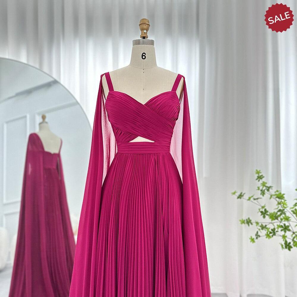 Fuchsia Evening Dresses with Cape Sleeves Yellow Wedding Party Gowns SF090