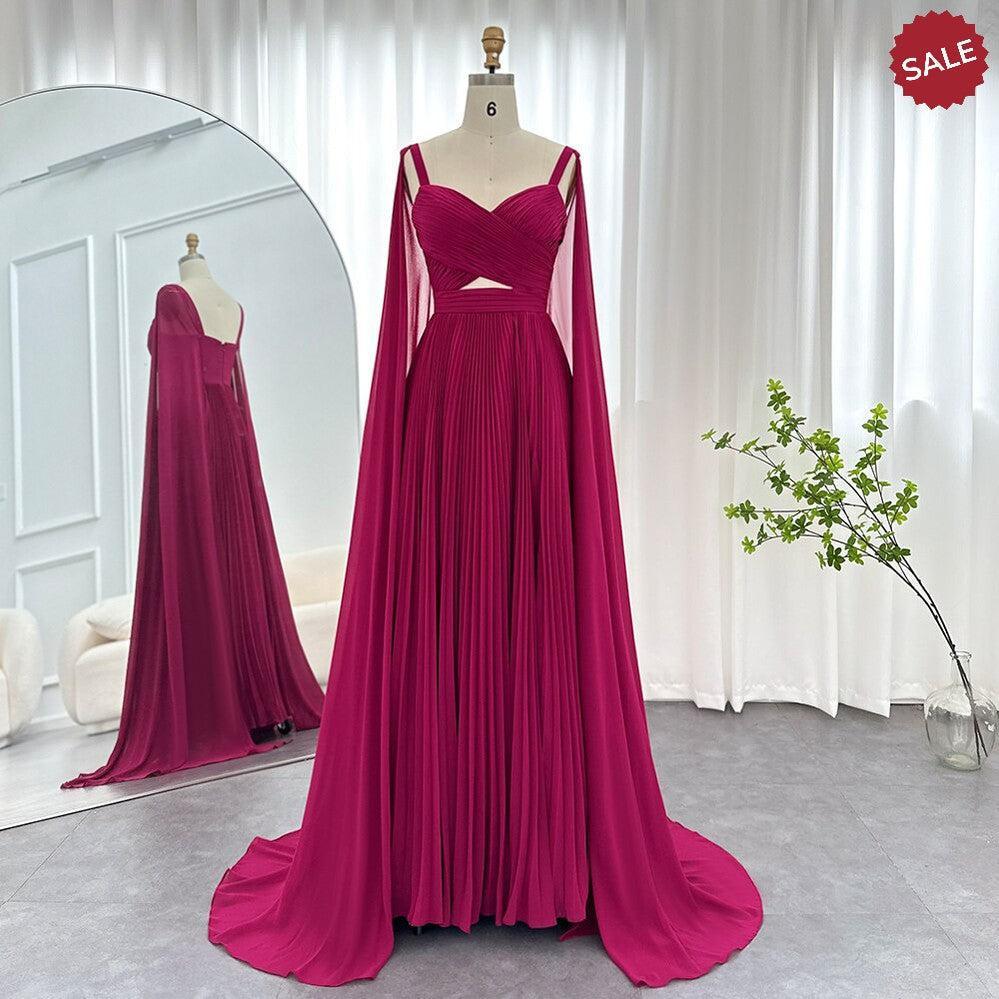 Fuchsia Evening Dresses with Cape Sleeves Yellow Wedding Party Gowns SF090