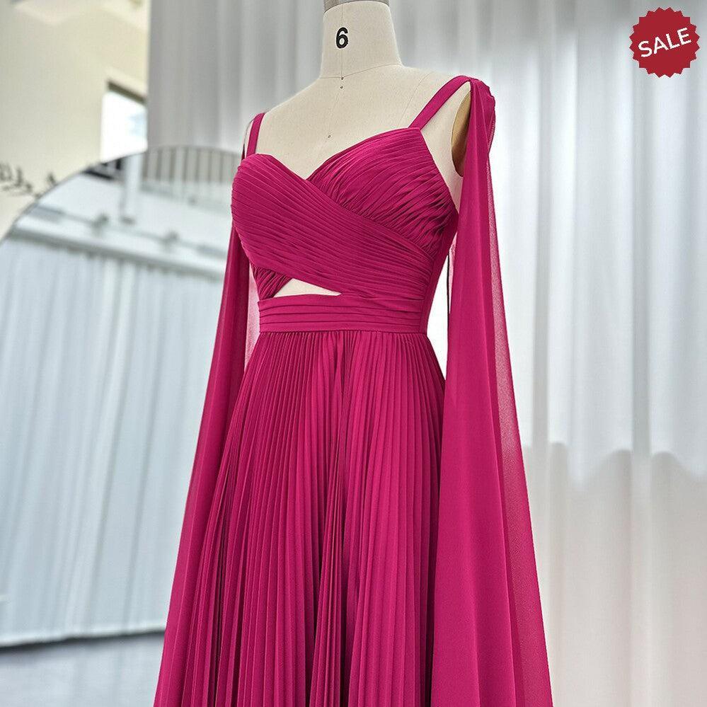 Fuchsia Evening Dresses with Cape Sleeves Yellow Wedding Party Gowns SF090