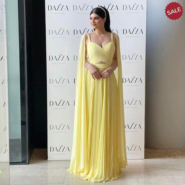 Fuchsia Evening Dresses with Cape Sleeves Yellow Wedding Party Gowns SF090