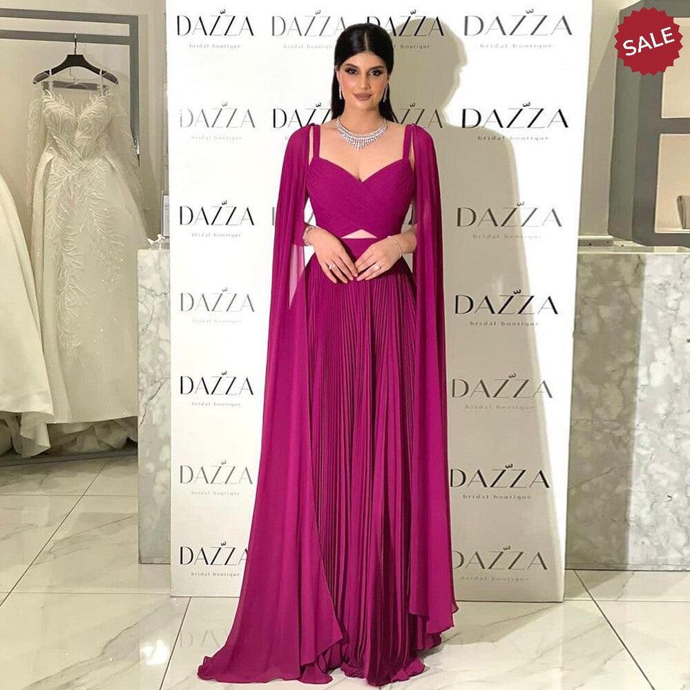 Fuchsia Evening Dresses with Cape Sleeves Yellow Wedding Party Gowns SF090