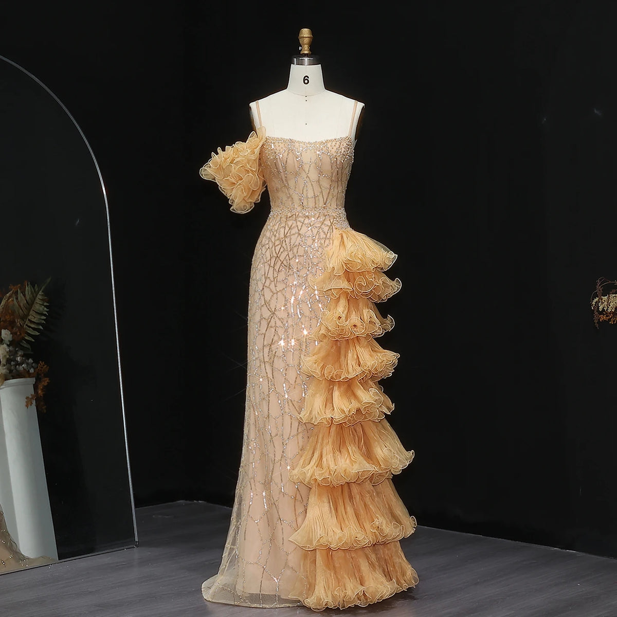 Jill Wish Luxury Gold Strap Ruffled Evening Dress Long Ball SS046