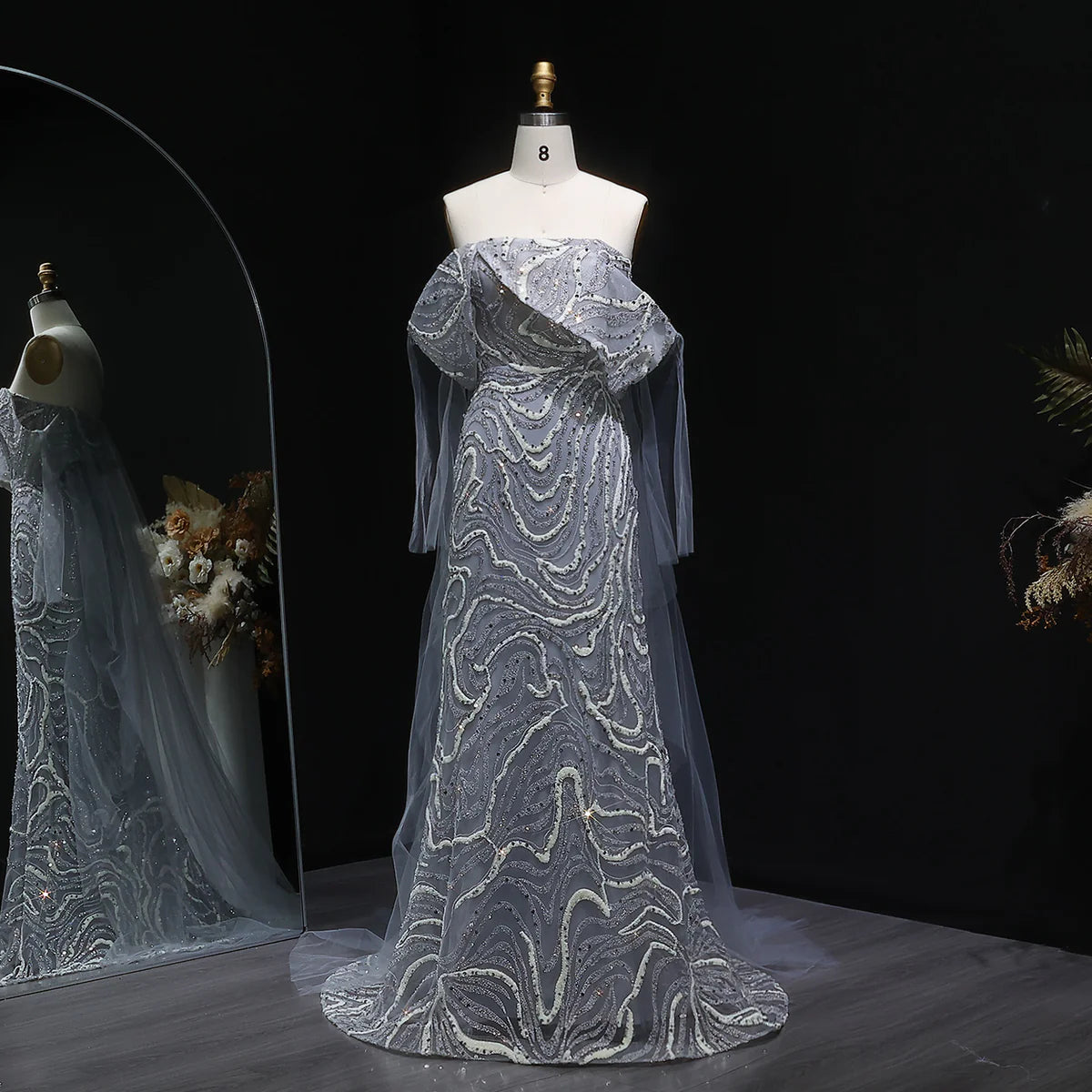 Luxury Silver Gray Sparkling Sequin Evening Dress with Cape Design SS078