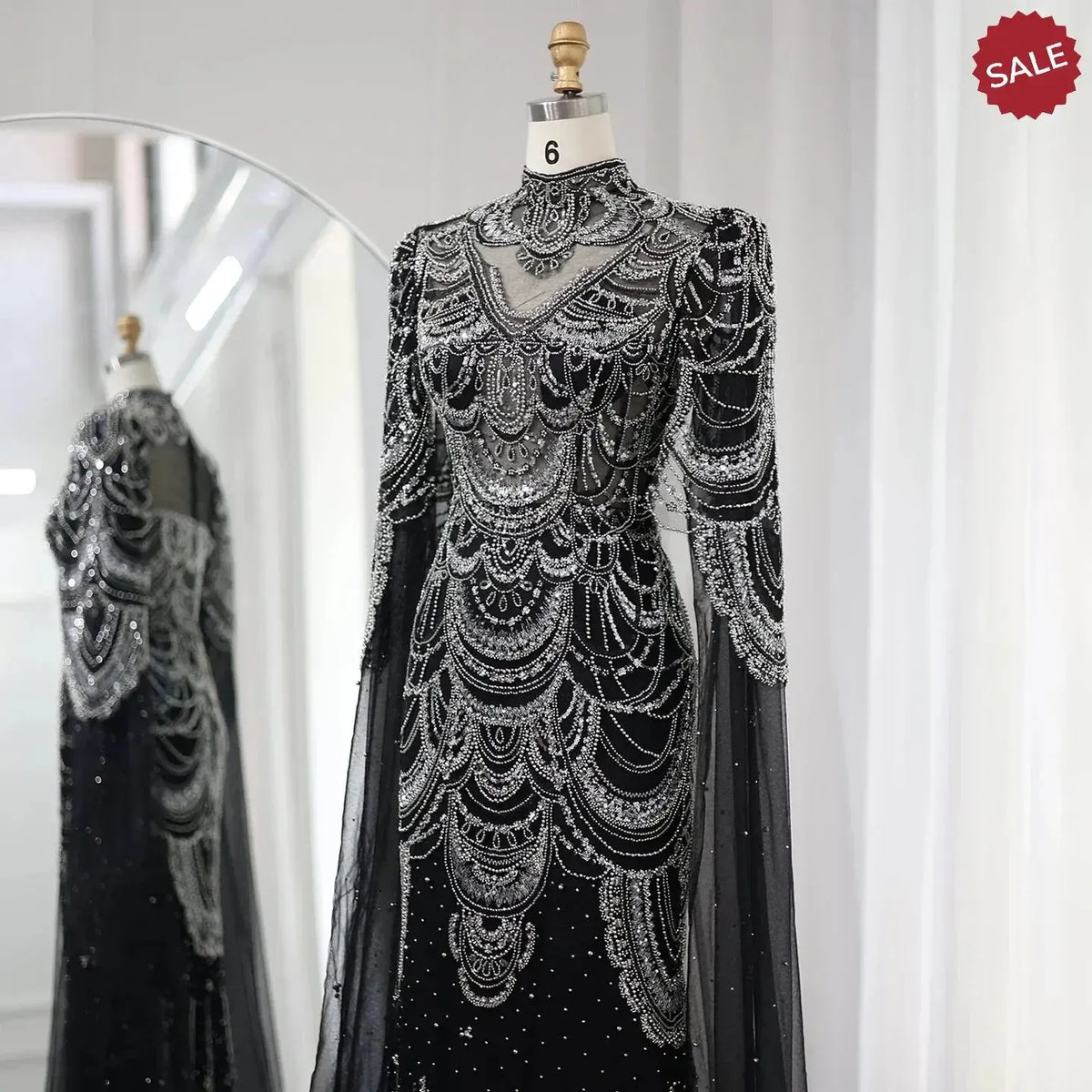 Green Luxury Dubai Mermaid Evening Dresses with Cape Sleeves Arabic SS145